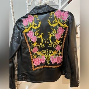 embroidered studded faux leather motorcycle jacket size small